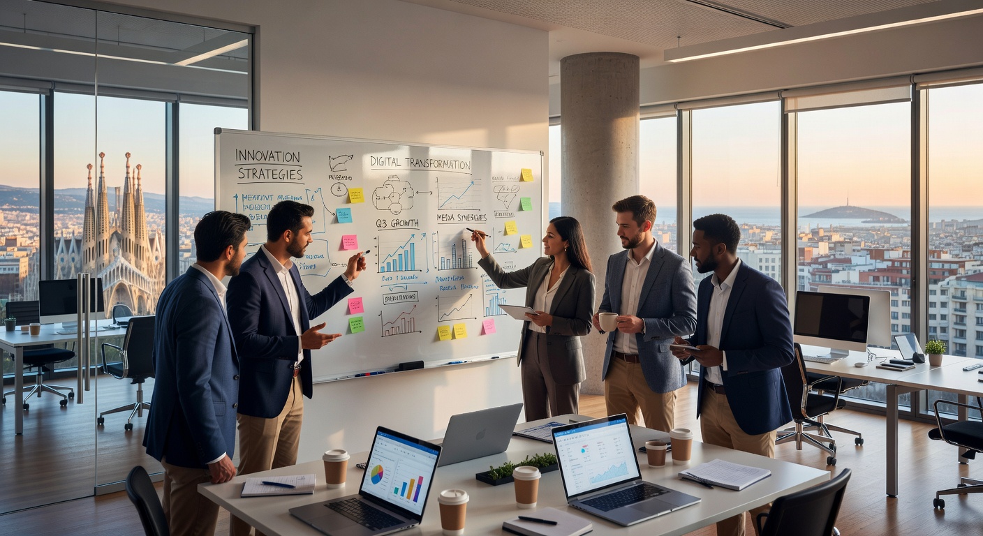 Equipo creativo en sesión de brainstorming en Barcelona